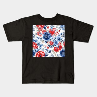 Red White and Blue Patriotic Shabby Floral Kids T-Shirt